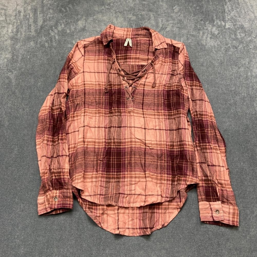 Mudd Flannel Tunic Top Womens XS Maroon Peach Plaid Drawstring Tie Round Hem